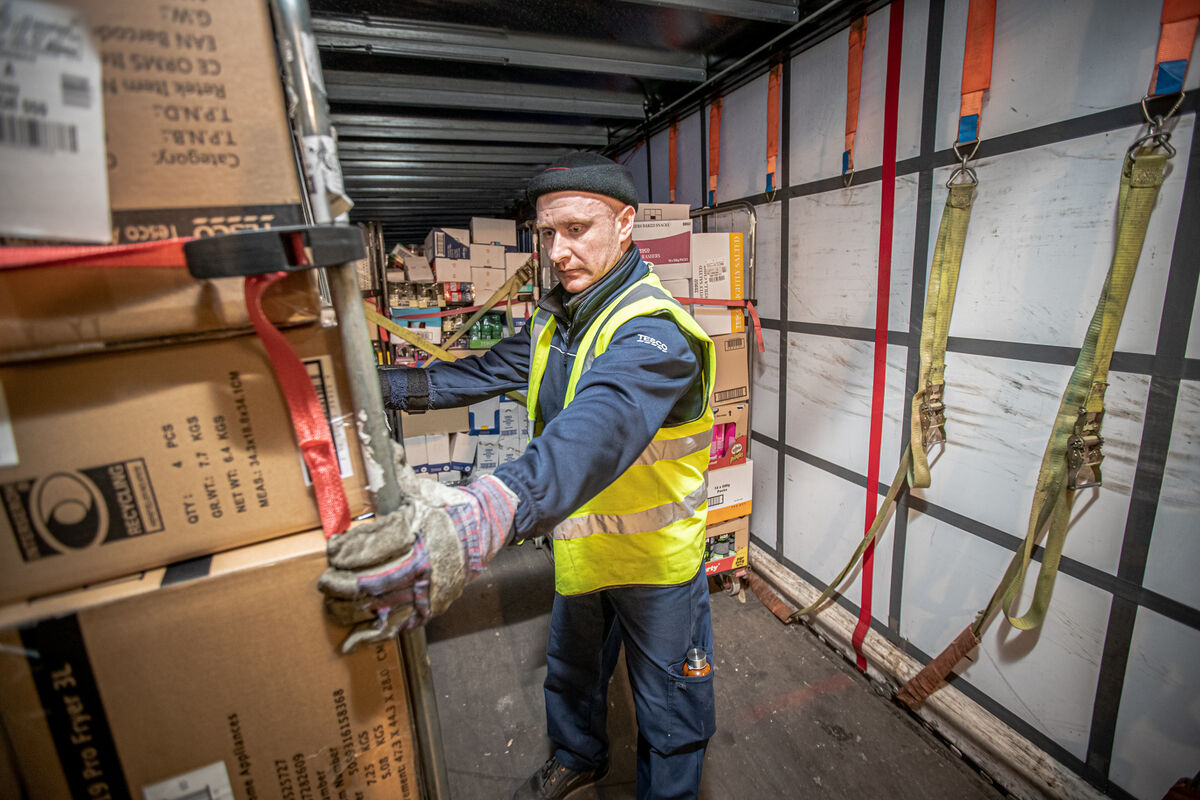 Loading a trailer from one of the loading bays attached to Tesco’s distribution centre in Donabate, Co Dublin. “The reality is that we were always able to supply toilet roll, it just might not have always - at the height of the panic - have been every single variety.” Photo: Neil Michael