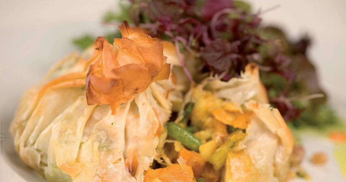 Squashed Parcel Filo parcel with Moroccan spiced vegetables