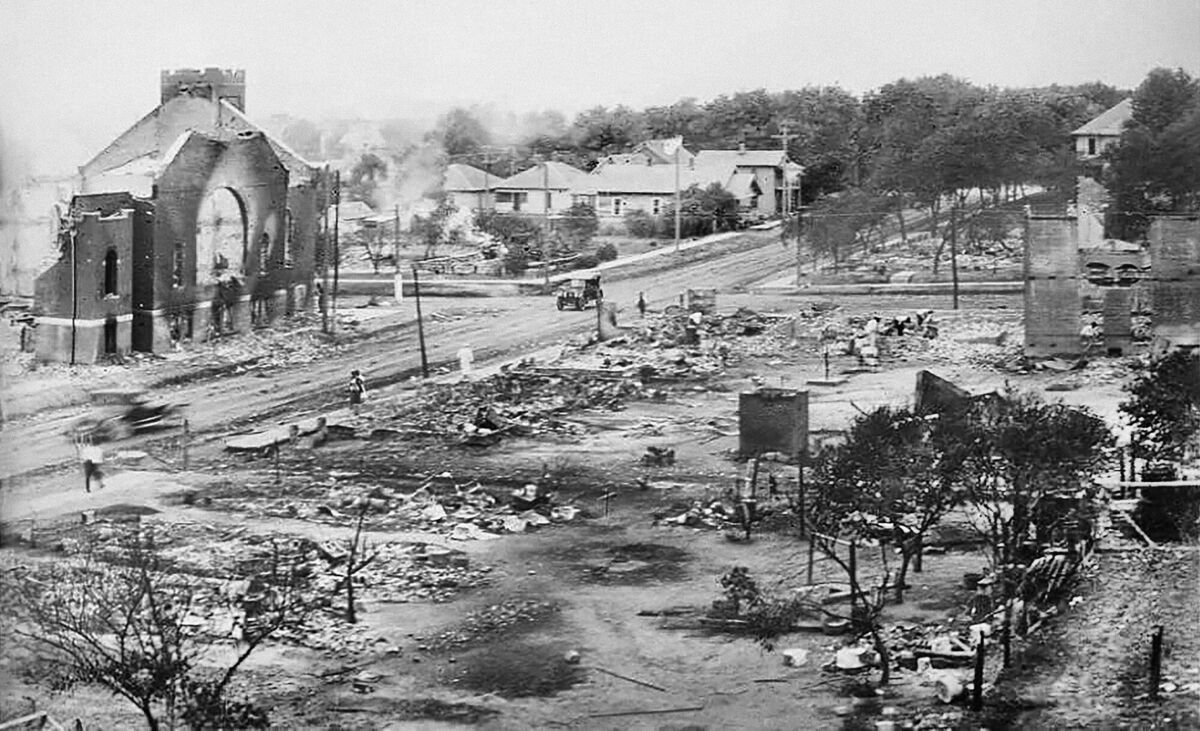 Part of the Greenwood District burned in the Tulsa Race Riots in 1921. Photo: Universal History Archive/Universal Images Group via Getty Images