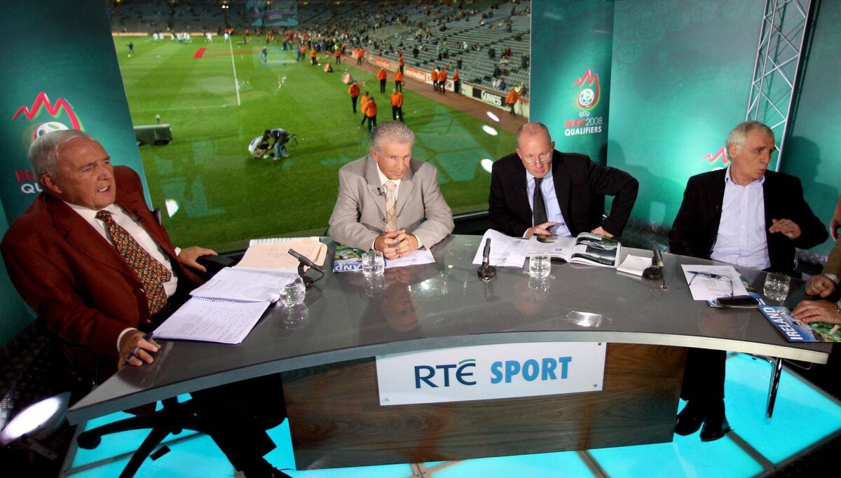 RTE Television at Croke Park 17/10/2007 A view of the studio with from L-R: Bill O'Herlihy, Johnny Giles, Liam Brady and Eamon Dunphy Mandatory Credit ©INPHO/Donall Farmer