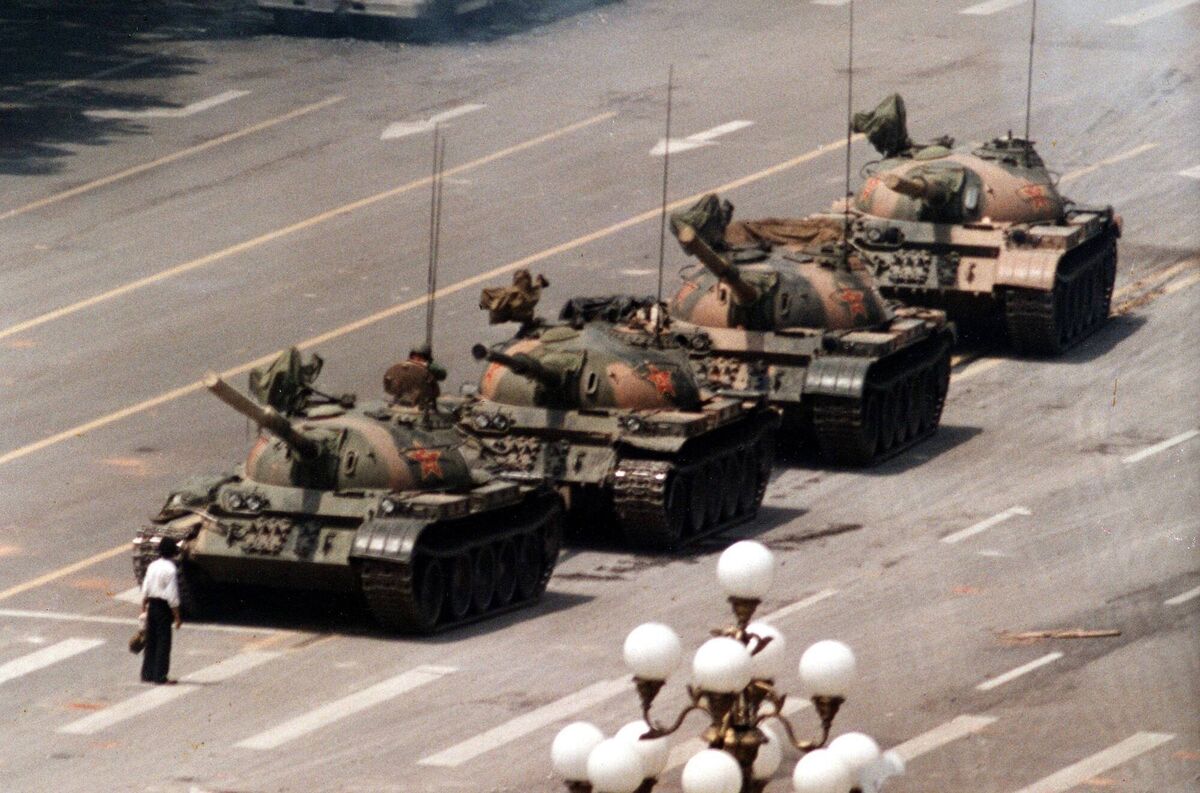 The 'Tank Man' photo was taken on June 5, 1989, when a Chinese protestor blocked a line of tanks heading east on Beijing's Cangan Blvd, following the Chinese military assault on demonstrators on the night of June 3-4, 1989, in Tiananmen Square. Picture: Jeff Widener/AP The 'Tank Man' photo was taken on June 5, 1989, when a Chinese protestor blocked a line of tanks heading east on Beijing's Cangan Blvd, following the Chinese military assault on demonstrators on the night of June 3-4, 1989, in Tiananmen Square. Picture: Jeff Widener/AP