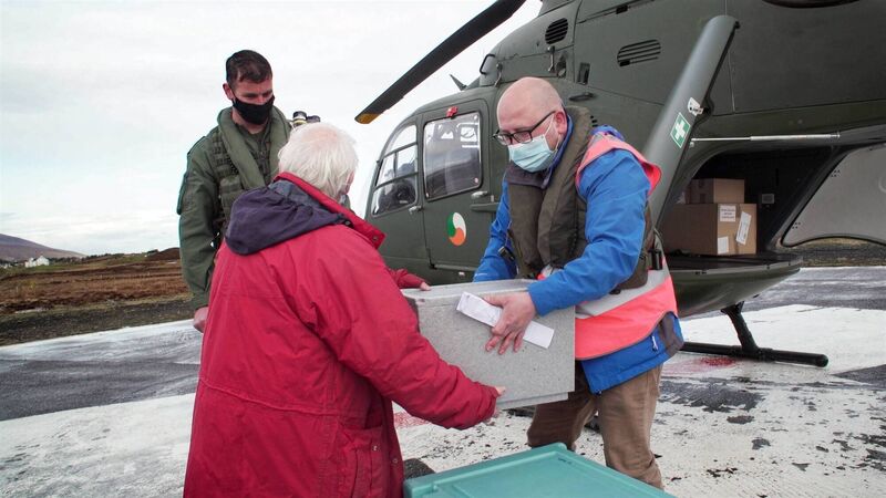 V Day: In the West of Ireland, Pilot Lt Oisin Murtagh and crew member Dermot Corcoran make a crucial flight to deliver vaccines to elderly residents on the remote settings of Clare Island, Inishturk, Inishbiggle, and Inishbofin. V Day: In the West of Ireland, Pilot Lt Oisin Murtagh and crew member Dermot Corcoran make a crucial flight to deliver vaccines to elderly residents on the remote settings of Clare Island, Inishturk, Inishbiggle, and Inishbofin.
