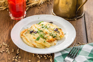 Haddock gratin with cheddar, mustard and beetroot