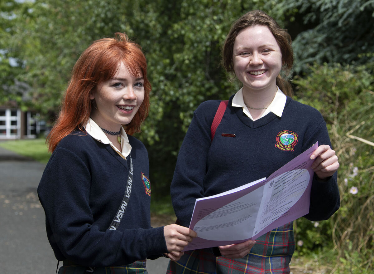 Eva Sheridan, left, and Katerina Healy after sitting the Leaving Cert English higher level paper 1 at Colaiste Charáin. Picture: Colin Keegan, Collins Dublin