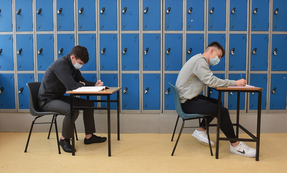  Sitting the Leaving Cert English paper on Wednesday morning were Conor Gowen and Colm Murphy at Coláiste an Chroí Naofa, College Road, Carrignavar, Cork. Picture: Dan Linehan