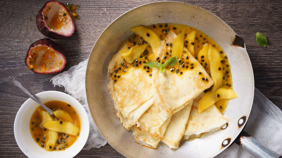Coconut pancakes with passionfruit sauce
