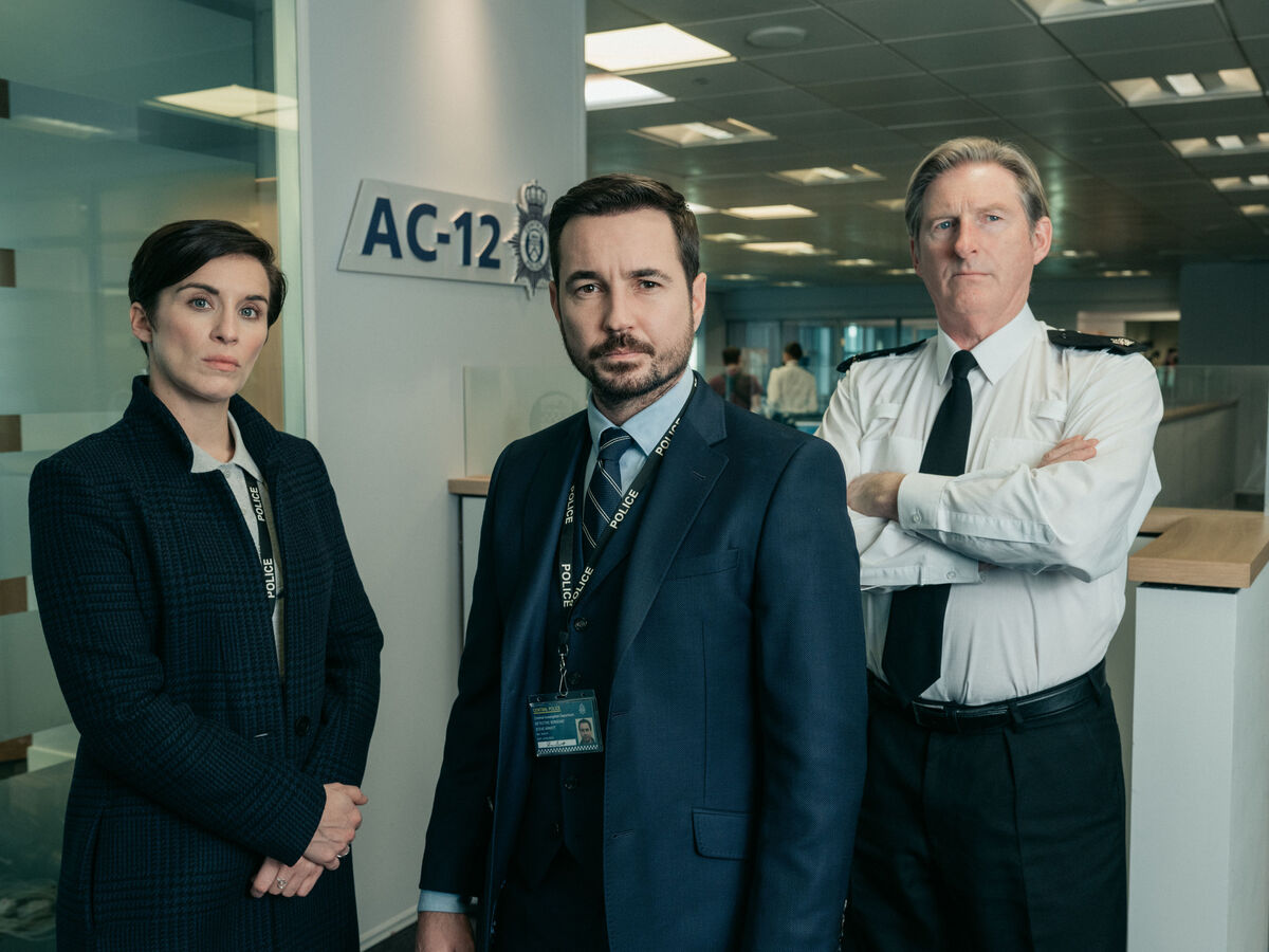 Vicky McClure as DS Kate Fleming, Martin Compston as DS Steve Arnott and Adrian Dunbar as Ted Hastings, in the BBC's Line of Duty