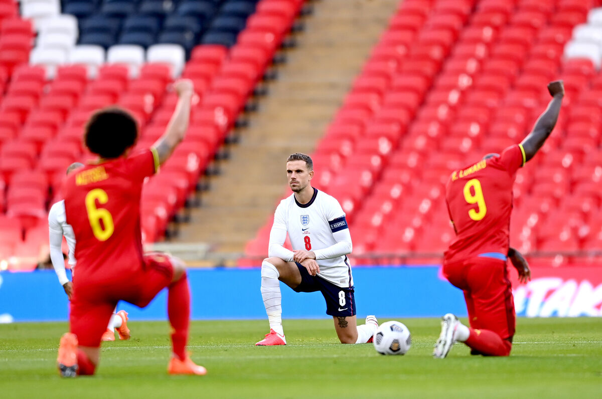 Belgium's Axel Witsel (left), England's Jordan Henderson (centre) and Belgium's Romelu Lukaku take a knee in support of the Black Lives Matter movement prior to the Nations League clash between the two countries. Picture: PA Belgium's Axel Witsel (left), England's Jordan Henderson (centre) and Belgium's Romelu Lukaku take a knee in support of the Black Lives Matter movement prior to the Nations League clash between the two countries. Picture: PA