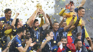 <p>France players celebrating with the trophy after winning the 2018 FIFA World Cup at the Luzhniki Stadium, Moscow. Picture: Owen Humphreys/PA.</p>