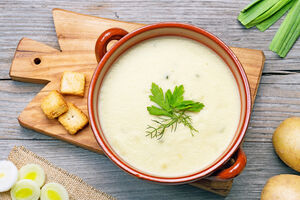 Leek, potato and blue cheese soup