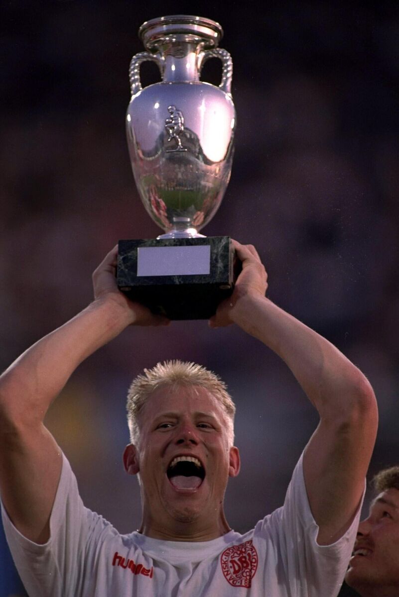 Peter Schmeichel of Denmark hold aloft the European nations trophy in June 1992 Peter Schmeichel of Denmark hold aloft the European nations trophy in June 1992