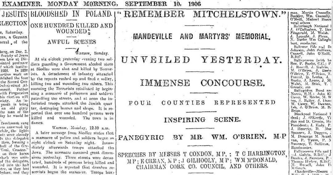 'Four counties represented'. Cork Examiner reporting the unveiling of the Mandeville Memorial in 1906.