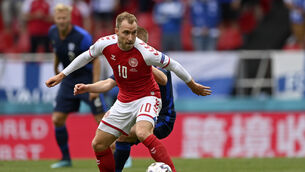 <p>Denmark’s Christian Eriksen collapsed during his side’s Euro 2020 match with Finland (Stuart Franklin/Pool via AP)</p>