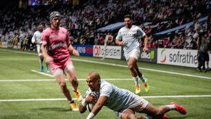 <p>ROG REUNION: Racing's Simon Zebo crosses for their fourth try en route to a Top 14 play-off win over Paris rivals Stade. Racing will face La Rochelle in the semi-final on Friday night.</p>