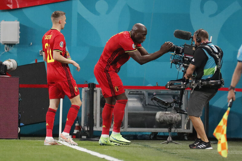 Belgium's Romelu Lukaku, right, celebrates after scoring his side's first goal. Belgium's Romelu Lukaku, right, celebrates after scoring his side's first goal.