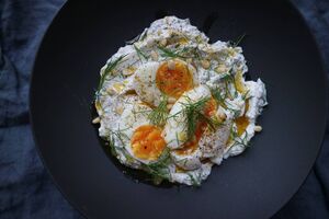 Soft boiled eggs and wild garlic Ricotta