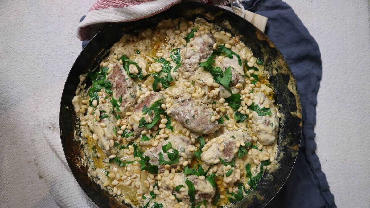 Wild garlic koftas with tahini sauce and potatoes