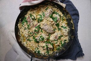 Wild garlic koftas with tahini sauce and potatoes