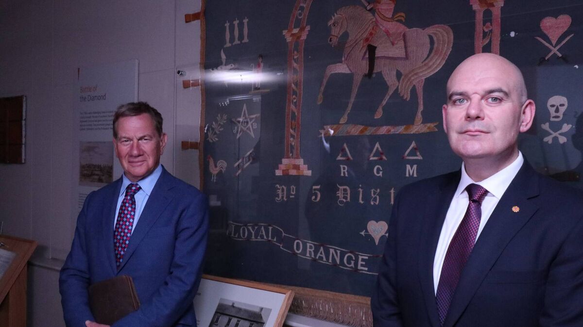 Michael Portillo and Iain Carlisle, chief executive, of the Grand Orange Lodge of Ireland at the Orange Museum in Belfast
