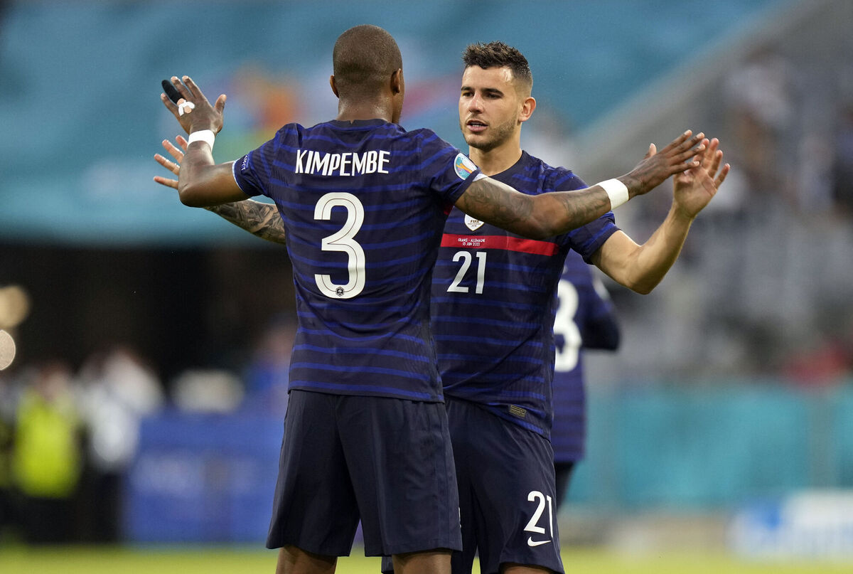 France's Presnel Kimpembe, front, and Lucas Hernandez before the game. Picture: Matthias Schrader