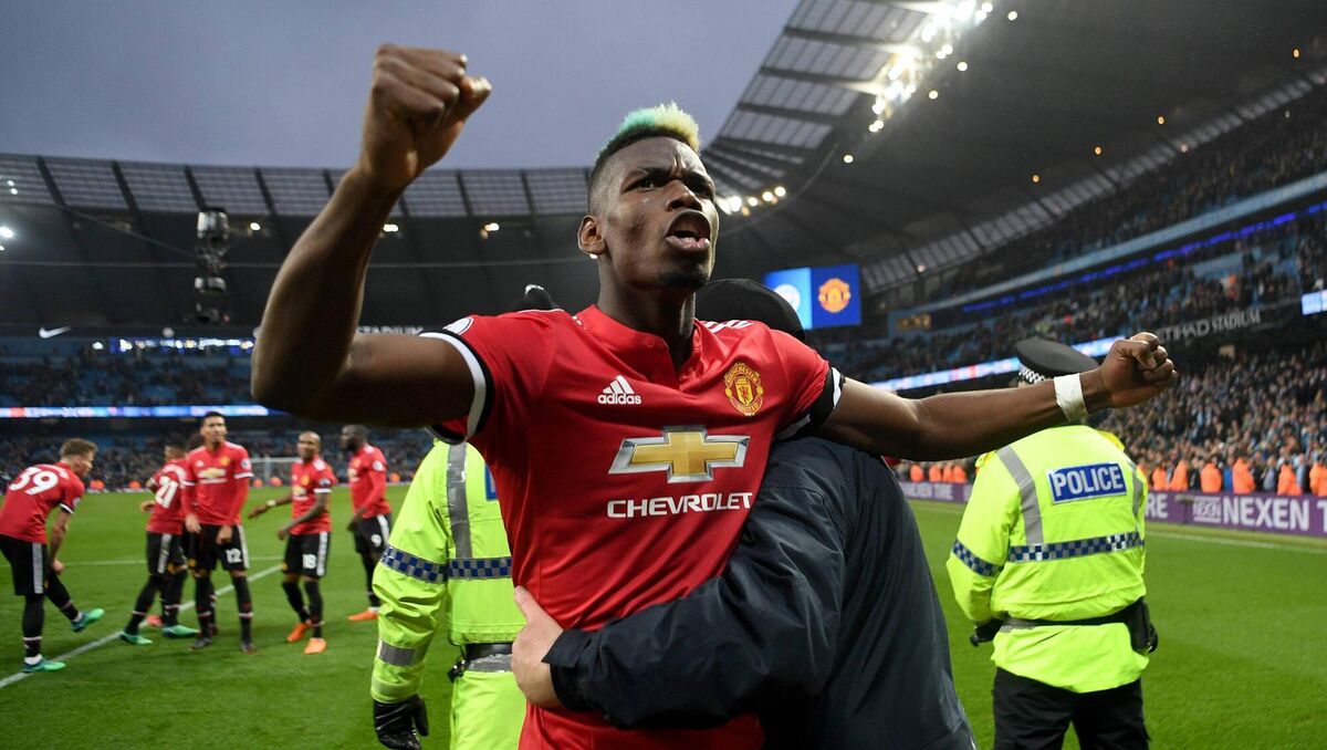 RED DEVIL: Man Utd's French midfielder Paul Pogba celebrates victory at the Etihad Stadium. The Reds visit the champions on the weekend of March 5th next year.