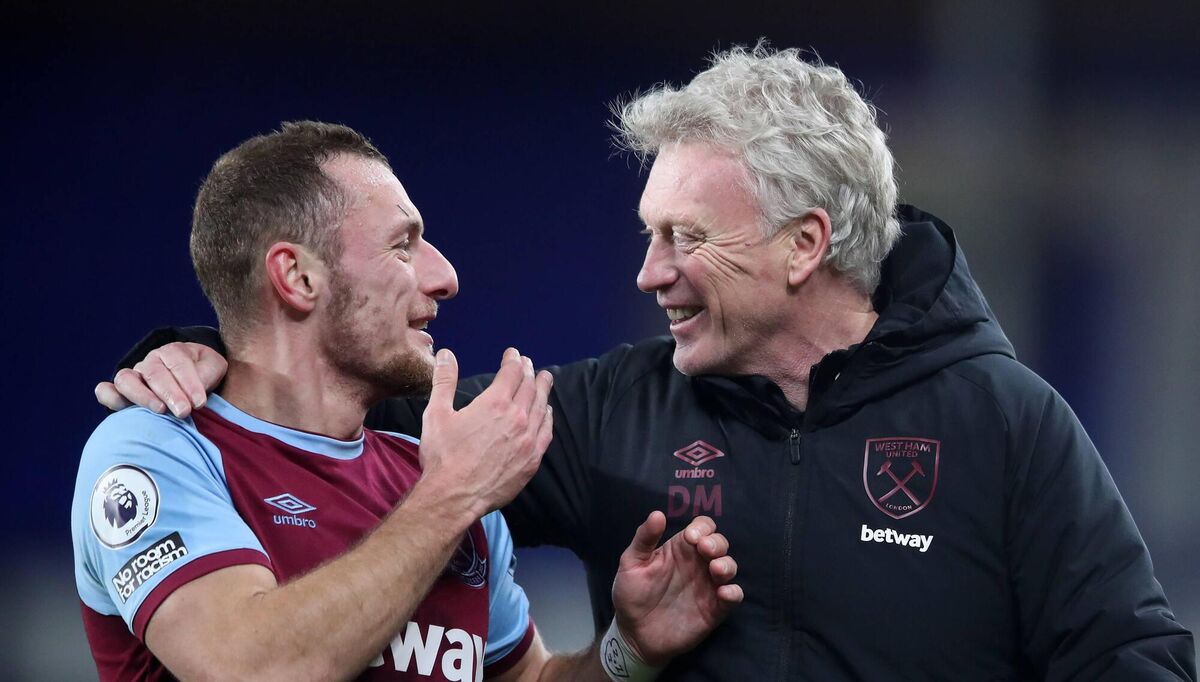 HAPPY HAMMER: David Moyes celebrates another West Ham win with Vladimir Coufal. The former Everton boss wil return to Goodison Park on October 16 Picture: Alex Pantling, Getty Images)