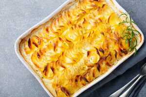 Potato, celeriac and leek gratin with sage and feta