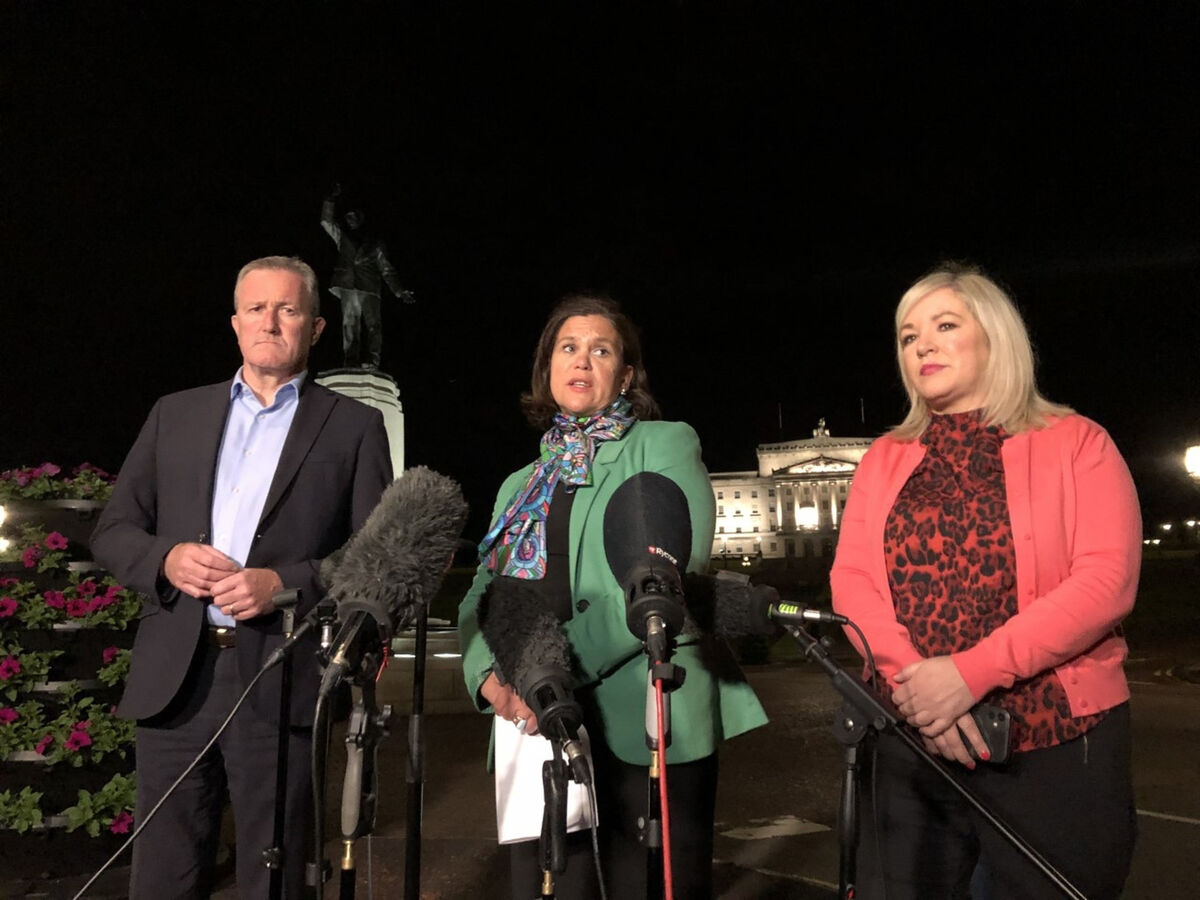 Mary Lou McDonald with Michelle O'Neill and Conor Murphy, at a press conference following the conclusion of negotiations at Stormont last night. Picture: David Young/PA Wire Mary Lou McDonald with Michelle O'Neill and Conor Murphy, at a press conference following the conclusion of negotiations at Stormont last night. Picture: David Young/PA Wire