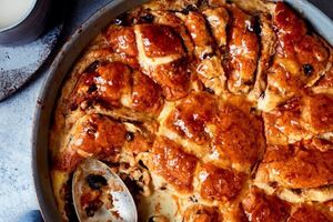 Hot cross bun bread and butter pudding