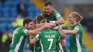 <p>Cork City players celebrate their second goal scored by Jack Baxter. Picture: Ramsey Cardy/Sportsfile</p>