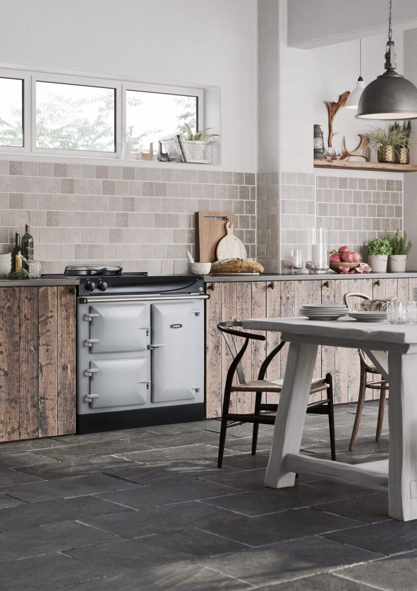 The compact Aga ER3 90 in Pearl Ashes. All the looks and radiant cooking oven performance without the headache of high oil bills and low reactivity, around €9,924, agaliving.com