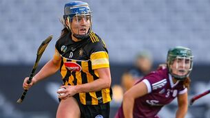 <p>Mary O'Connell of Kilkenny gets away from Róisín Black of Galway during the Littlewoods Ireland Camogie League Division 1 Final match between Galway and Kilkenny at Croke Park in Dublin. Photo by Piaras Ó Mídheach/Sportsfile</p>