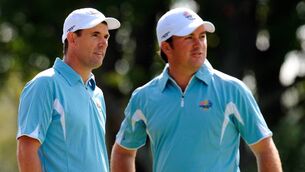 <p>Pádraig Harrington and Graeme McDowell during the 2008 Ryder Cup. AFP PHOTO/DON EMMERT/Getty Images</p>