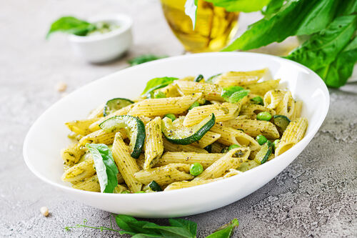 Summer pasta with courgettes, sugar snaps and peas