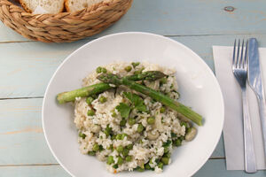 Risotto with broad beans, peas, asparagus and sugar snaps