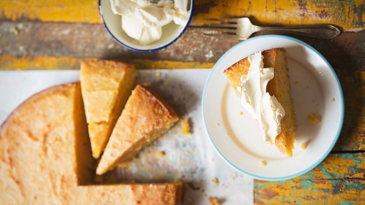 Lemon polenta cake with lemon curd and crème frâiche