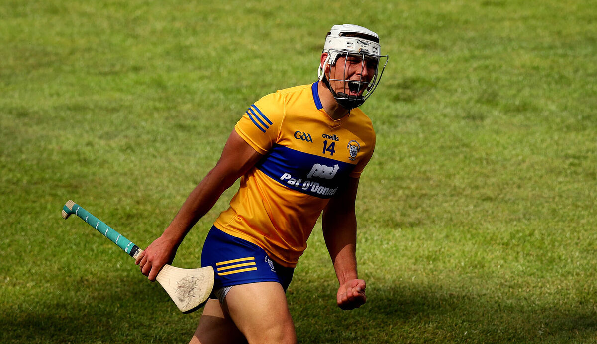 Clare’s Aaron Shanagher celebrates a Waterford wide. Picture: INPHO/Ryan Byrne