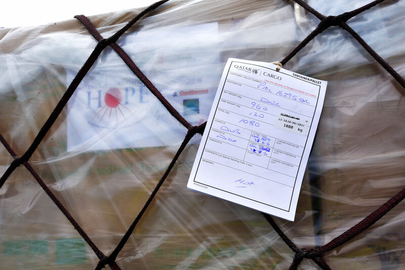 The donated PPE packed and labeled for delivery  to India.