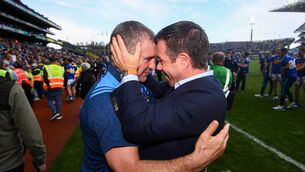 <p>Tipperary manager Liam Sheedy and sponsor Declan Kelly, then CEO of Teneo, celebrate following the 2019 All-Ireland SHC final victory at Croke Park. Photo by Stephen McCarthy/Sportsfile</p>