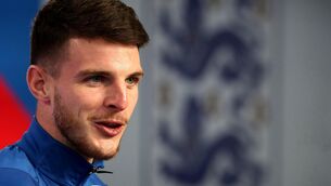 <p>England's Declan Rice during a press conference at St George's Park</p>