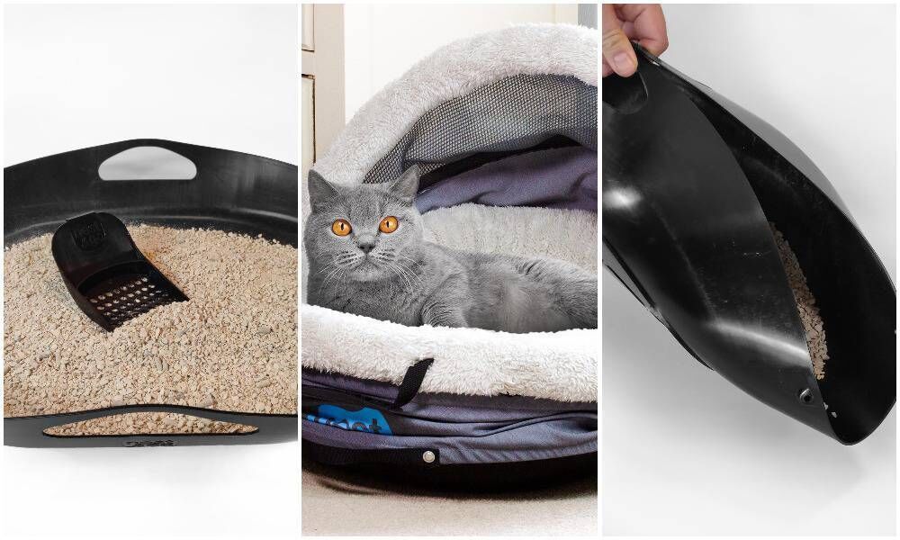 Nest & Go: Pet bed which becomes a pet carrier and has a detachable litter tray which folds up to allow the waste be poured into a bin Nest & Go: Pet bed which becomes a pet carrier and has a detachable litter tray which folds up to allow the waste be poured into a bin