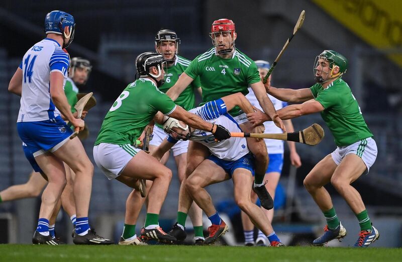 Dessie Hutchinson of Waterford is tackled by Limerick players, from left, Darragh O'Donovan, Declan Hannon, Barry Nash, and Seán Finn during the 2020 All-Ireland SHC final. Photo by Brendan Moran/Sportsfile
