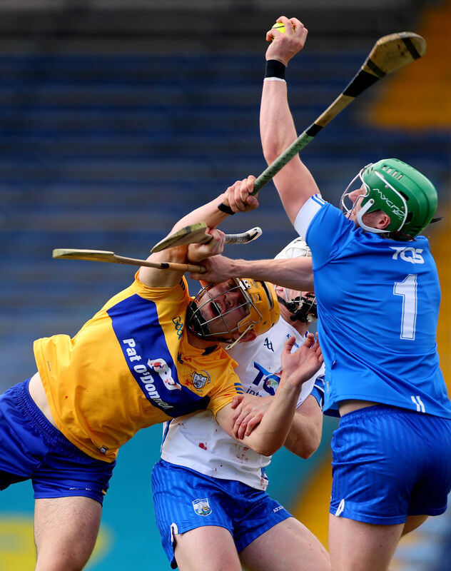 Clare's Mark Rodgers with Shane McNulty and goalkeeper Billy Nolan of Waterford last week. Picture: INPHO/James Crombie