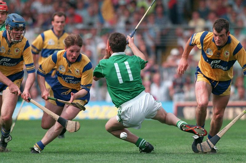 Jamesie O'Connor of Clare and Gary Kirby of Limerick during the 1995 Munster SHC final. Picture: INPHO/Tom Honan