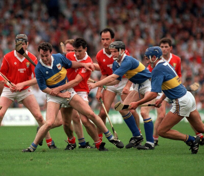 A tussle for possession in the Tipp danger area between Cork players Kevin Hennessy, Tomas Mulcahy, Mark Foley, and Tipperary's Michael Ryan and Conal Bonnar during the 1991 Munster SHC final. Picture: Irish Examiner Archive