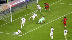 <p>Belgium's Romelu Lukaku, top right, misses an opportunity to score at the Allianz Arena in Munich. (Stuart Franklin/Pool Photo via AP)</p>