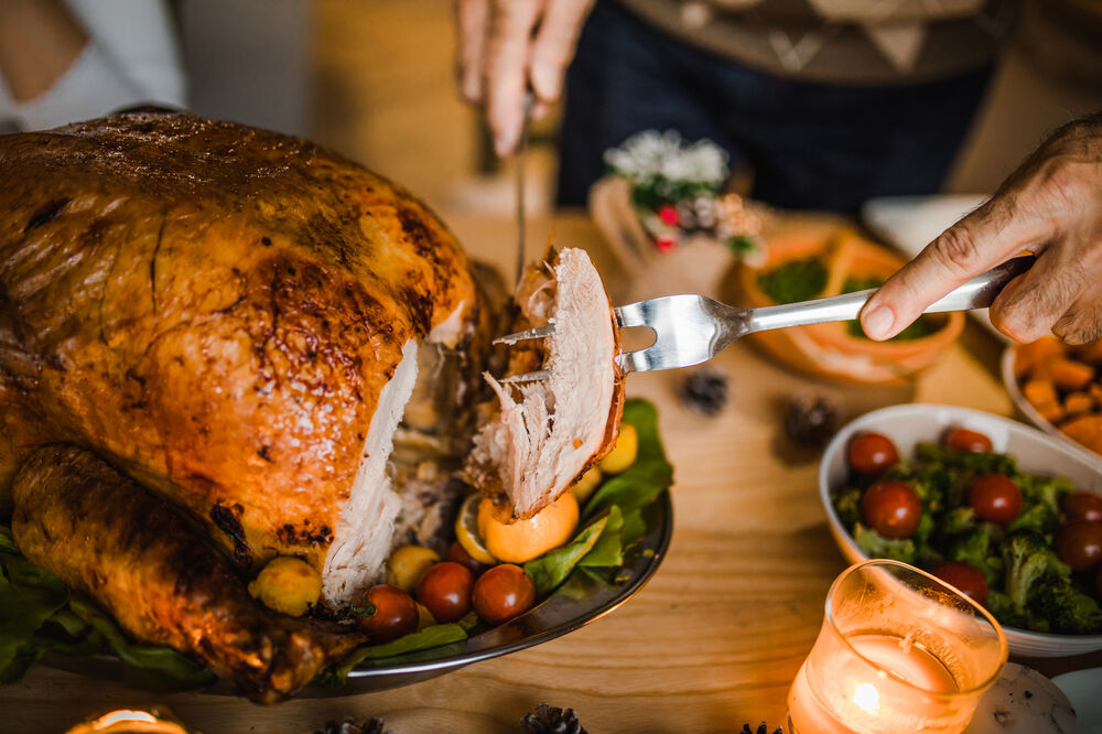 Roast turkey with chestnut stuffing and bread sauce