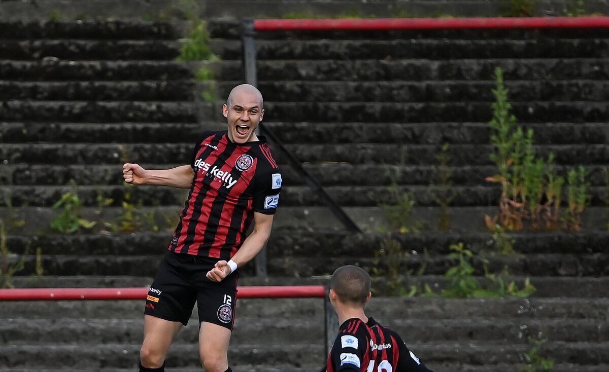 Georgie Kelly of Bohemians celebrates scoring his side's first goal during the SSE Airtricity League Premier Division match against Drogheda United. Picture: Piaras Ó Mídheach/Sportsfile