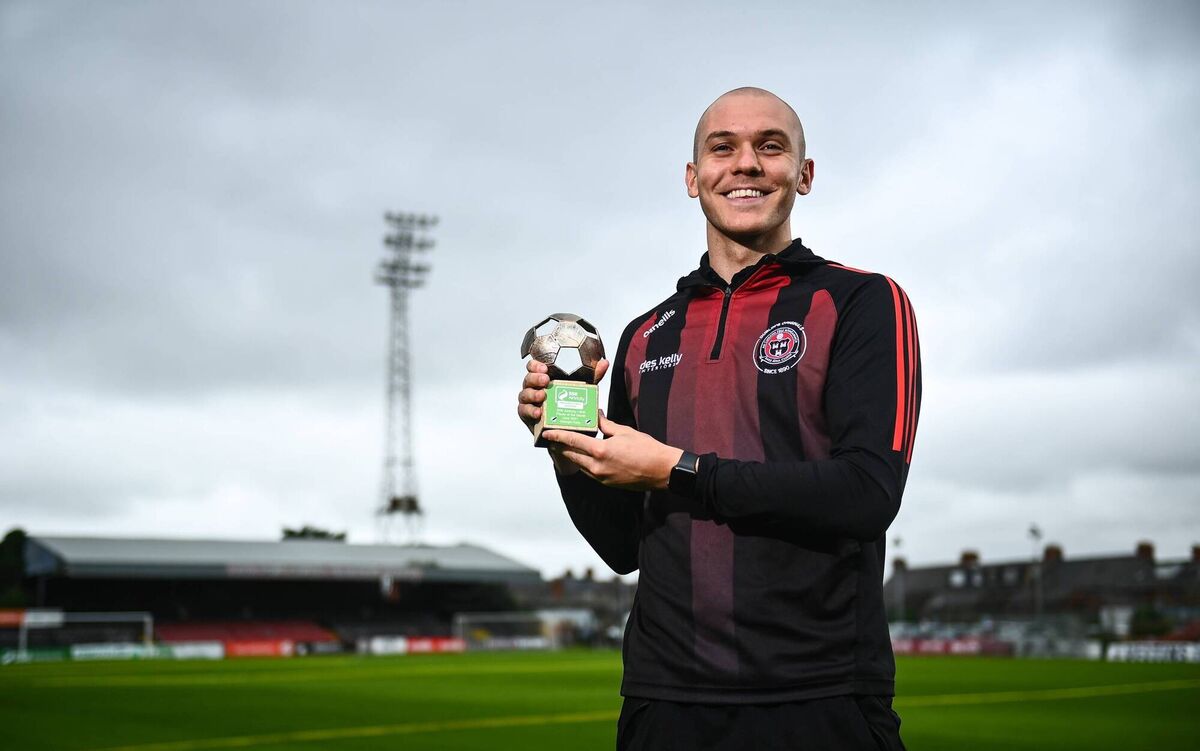 Georgie Kelly of Bohemians with the SSE Airtricity / SWI Player of the Month Award for May 2021 at Bohemians FC in Dublin. Picture: David Fitzgerald/Sportsfile