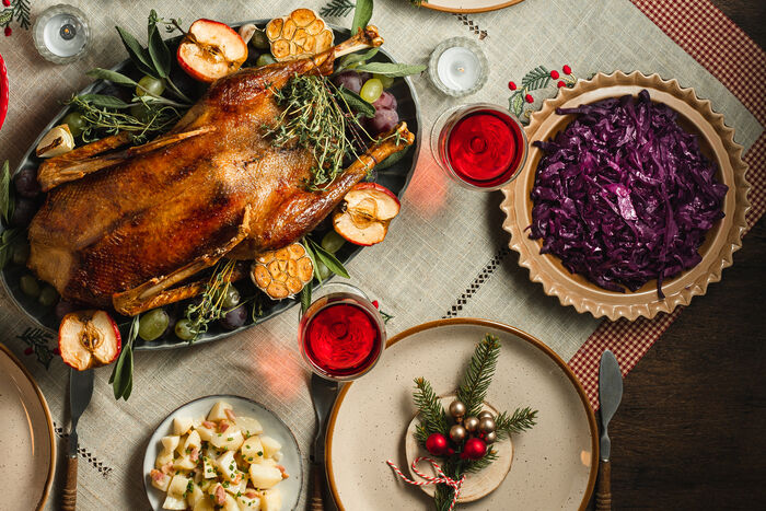 Roast stuffed duck with beetroot